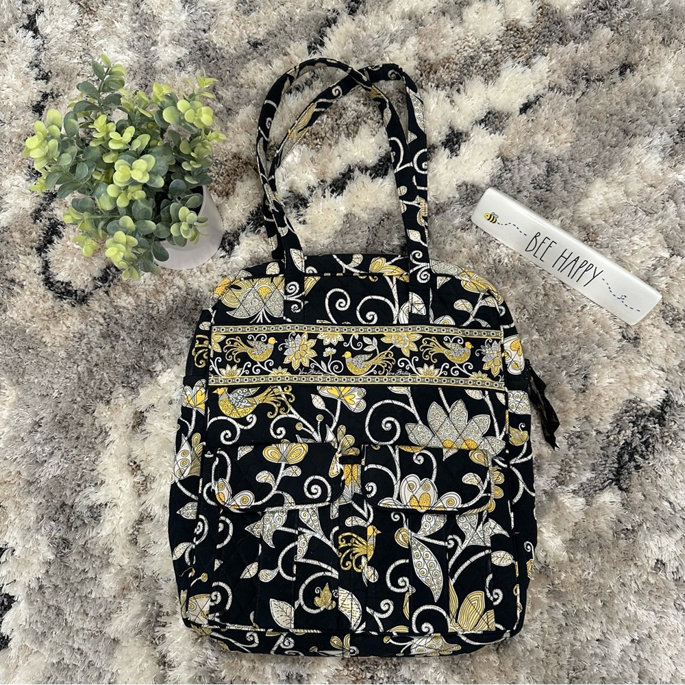 Vera Bradley Large Quilted Tote Bag in Black Yellow and White Floral Bird Print